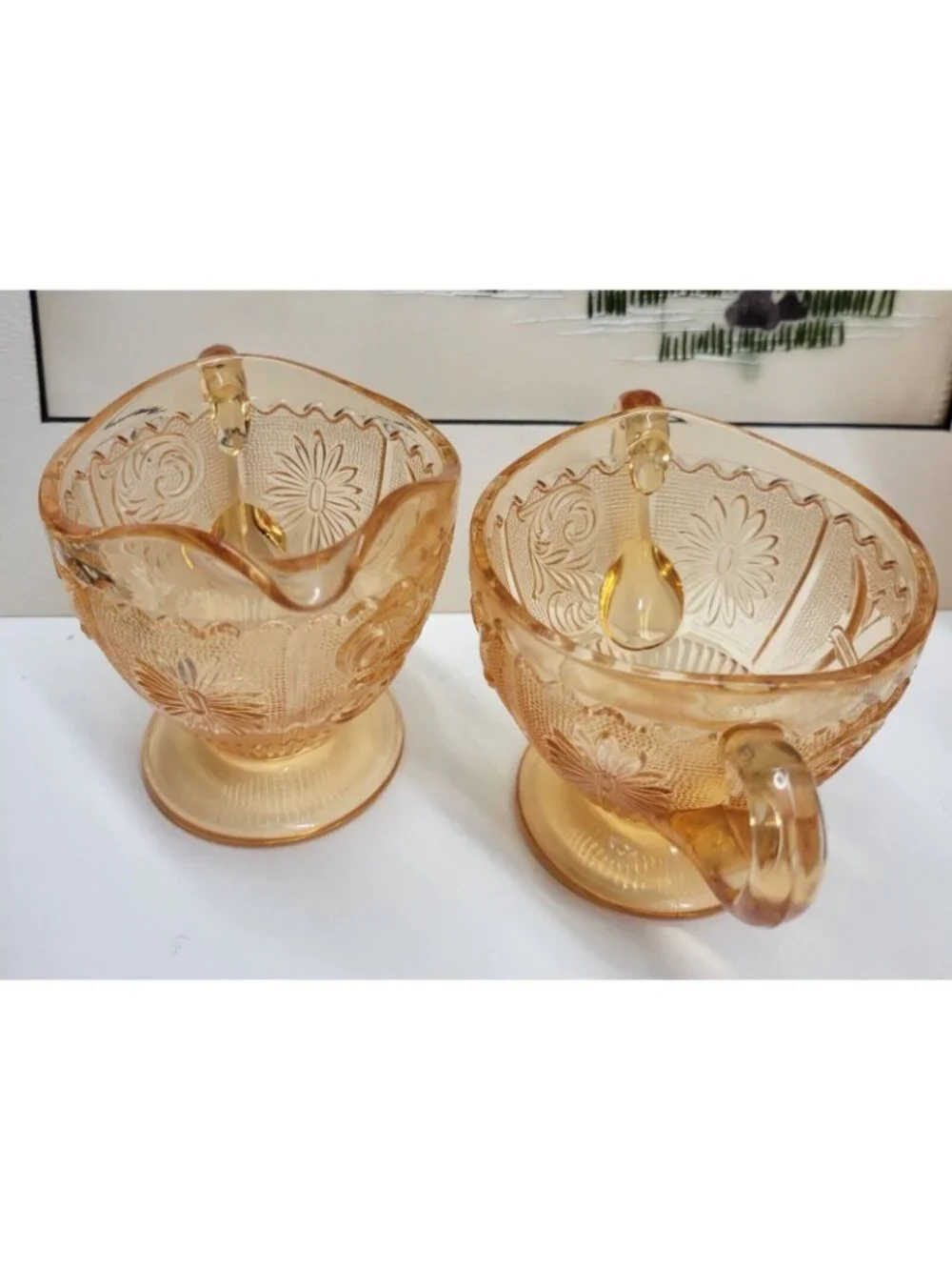 Westmoreland Glass Princess Feather Amber Golden Sunset Sugar Bowl & Creamer Set